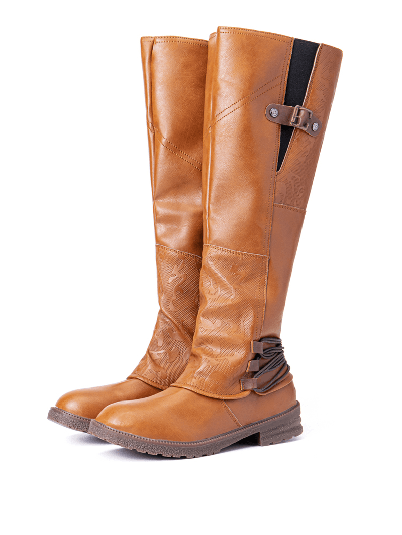 Women Metal Buckle Decor Slip on Mid Calf Riding Boots - MRSLM