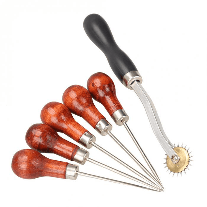 4Mm Leather Cloth Overstitch Wheel with 5Pcs Awl Pin Sewing Hand Punch Hole Tool