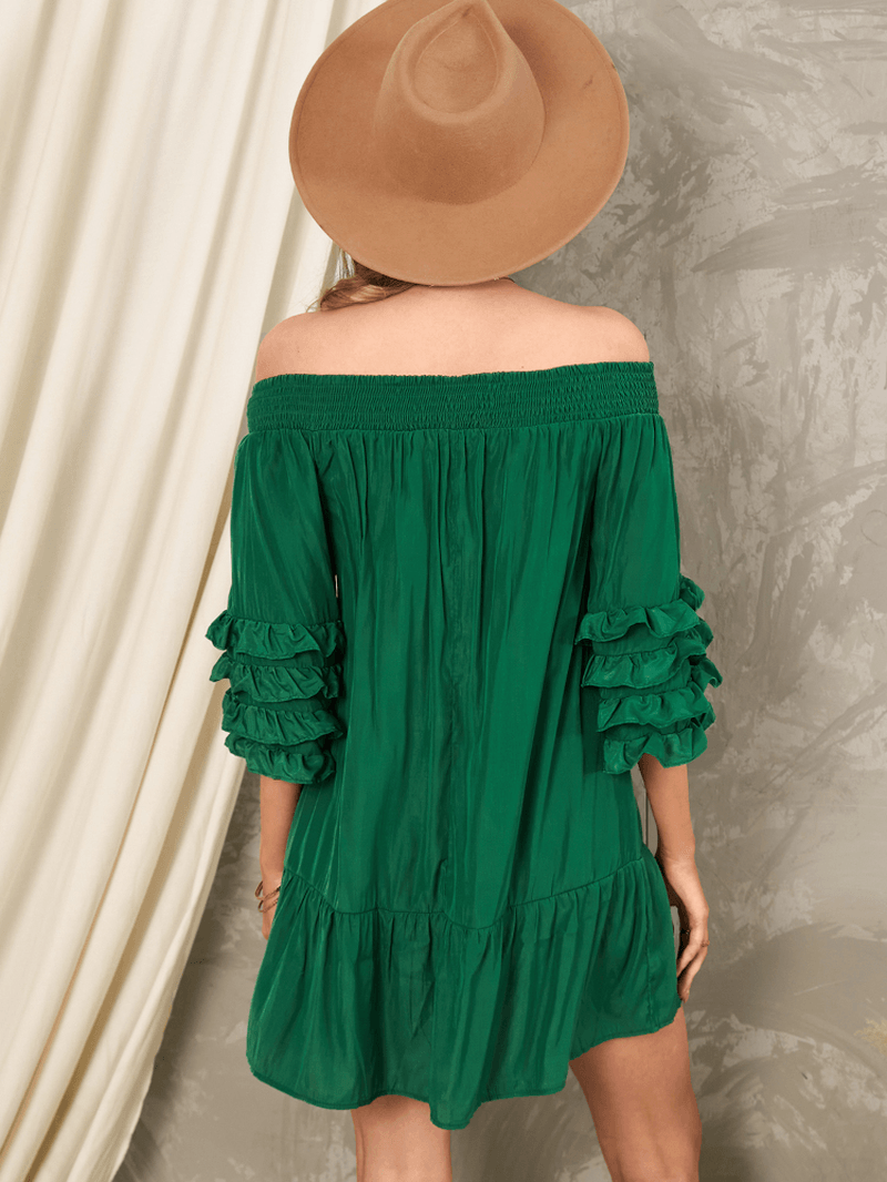 Off Shoulder Pleats Solid Casual Mini Dresses for Women