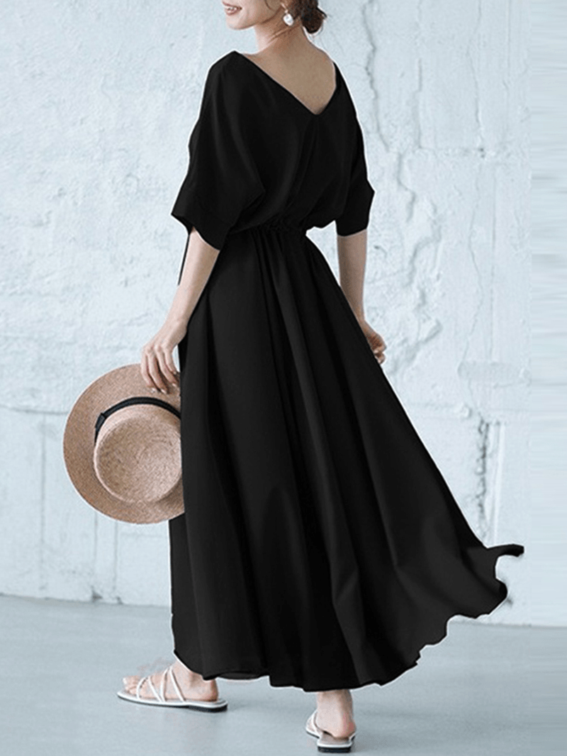 Solid Color V-Neck Drawstring Waist Short Sleeve Maxi Dress