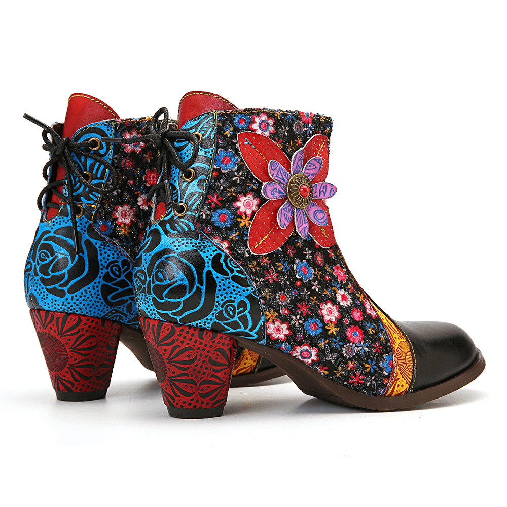 Women Retro Leaf Flower Leather Comfy Zipper Ankle Boots