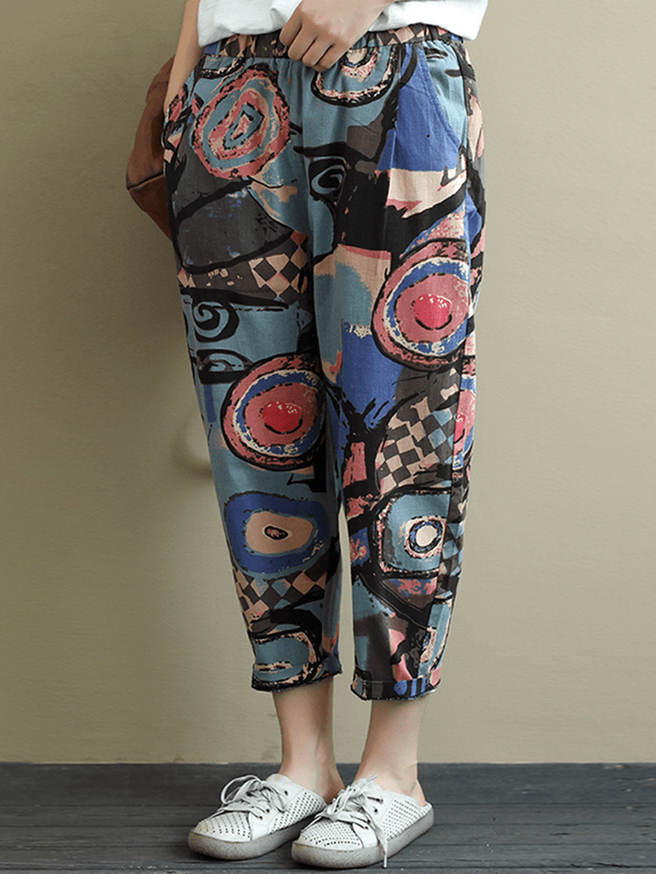 Women Elastic Waist Printed Harem Pants Casual Loose Trousers