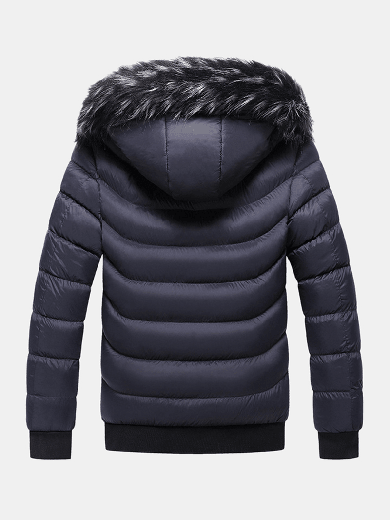 Men Letter Webbing Thick Removable Fur Hooded Zipper Pocket Solid Color down Jacket