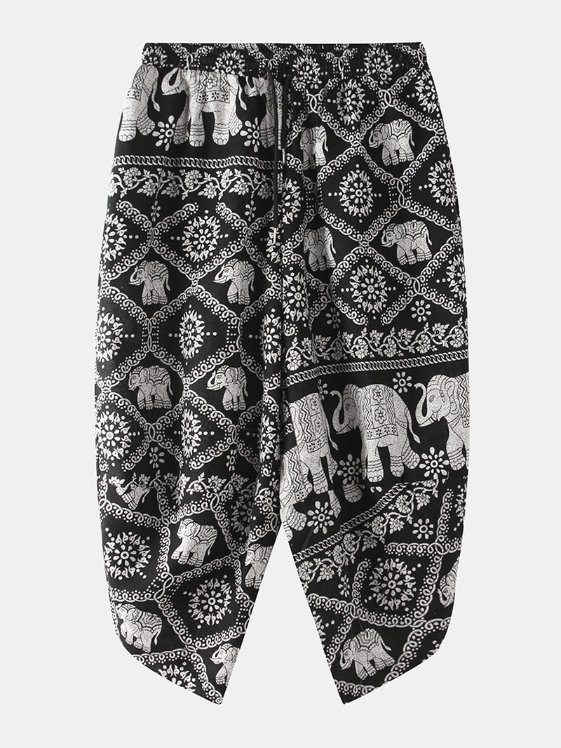 Mens Ethnic Style Print Drawdtring Asymmetrical Harem Pants