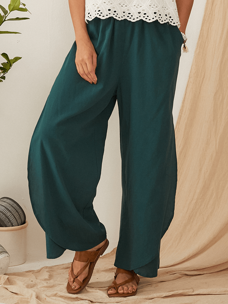 Casual Loose Elastic Waist Pocket Wide Leg Solid Pants for Women