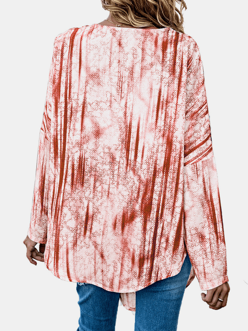 Women Tie Dye Print Knotted Long Sleeve Casual Blouse