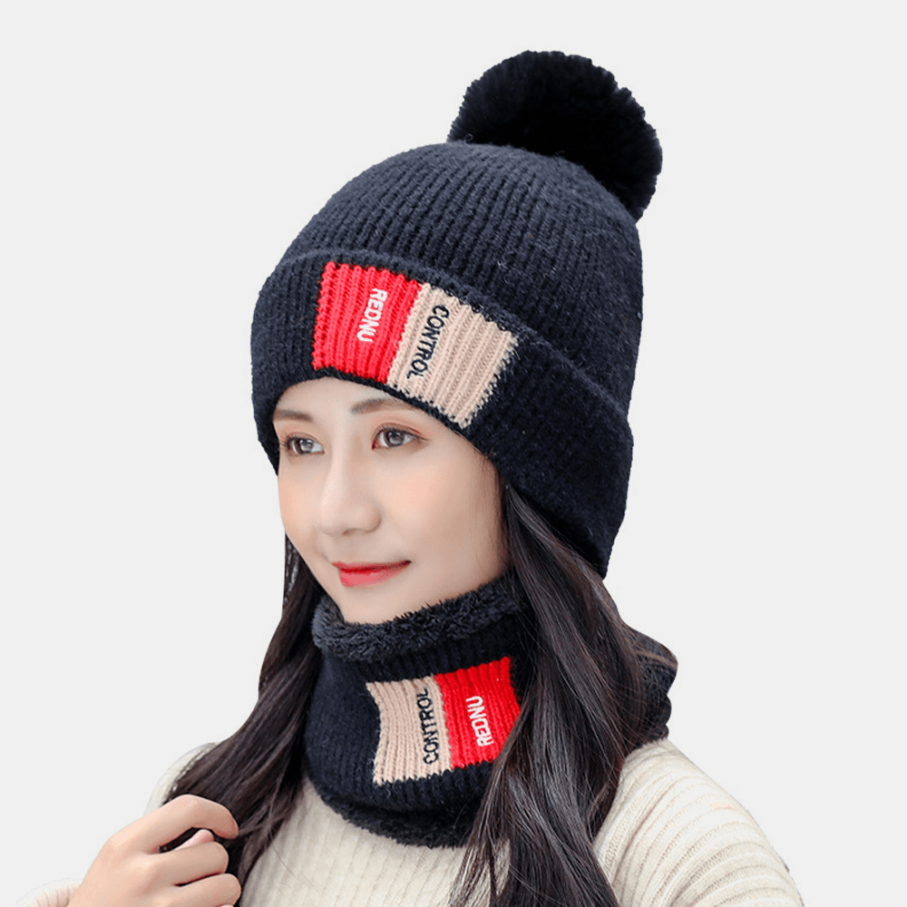 Unisex 2PCS plus Velvet Thicken Warm Windproof Neck Face Protection Riding Knitted Hat Scarf - MRSLM