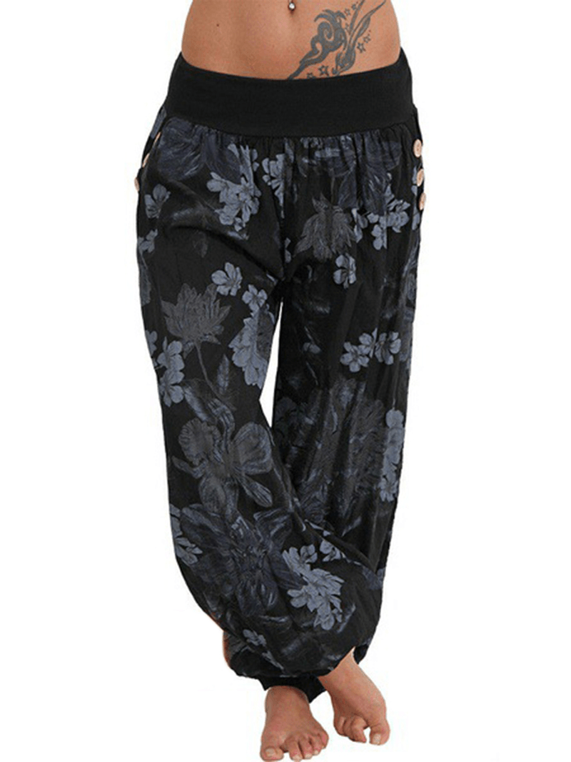 Women Casual Loose Floral Print Button Full Length Pants