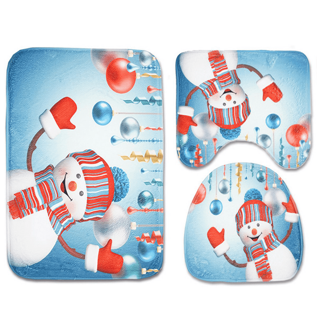 3Pcs Set Christmas Snowman Toilet Seat Covers Bathroom Carpet No-Slip Rug Xmas Decor - MRSLM