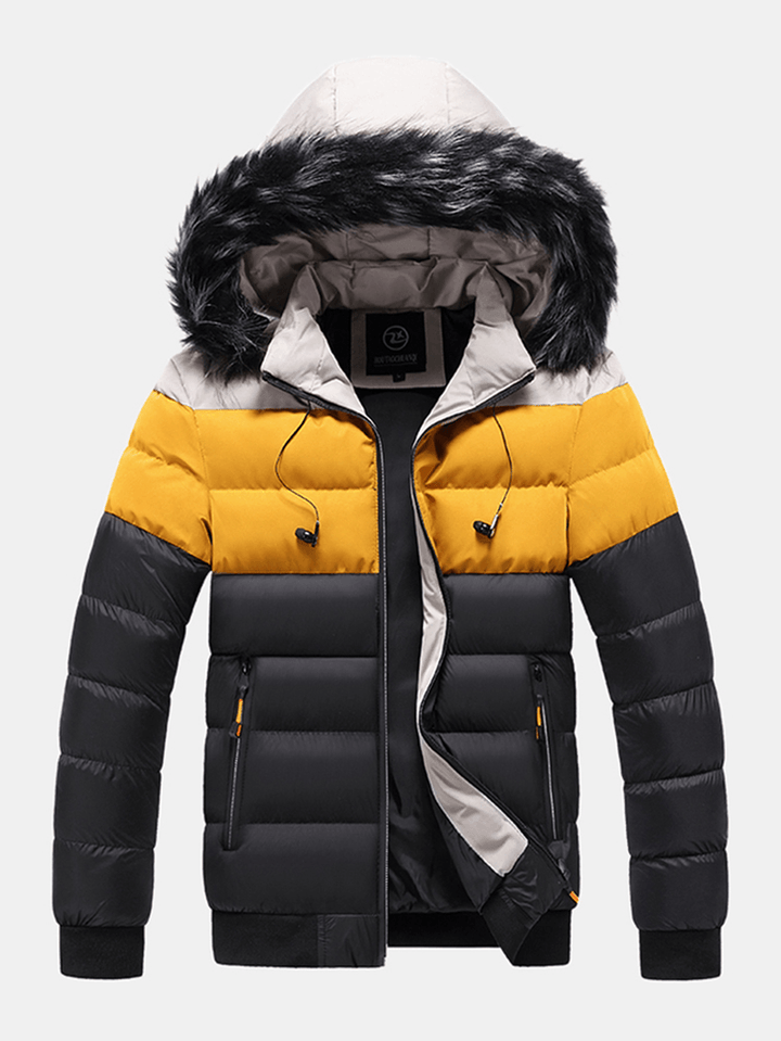 Mens Color Block Patchwork Thick Faux Fur Hooded Puffer Jacket with Pocket