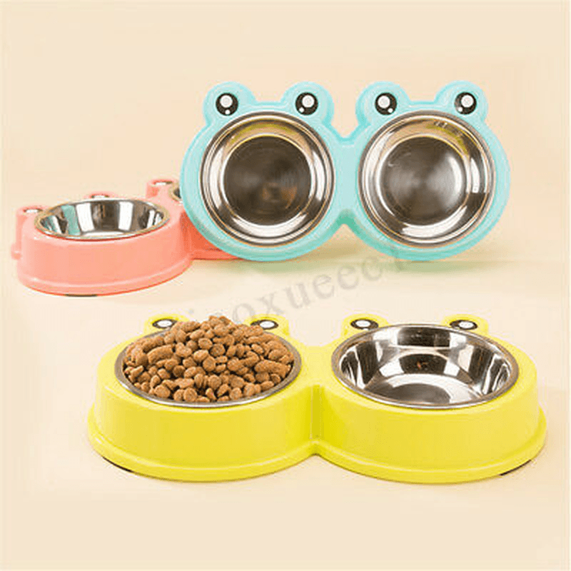 3Colors Frog Shape Pet Bowl Food Water Container Stainless Steel Dog Cat Feeder