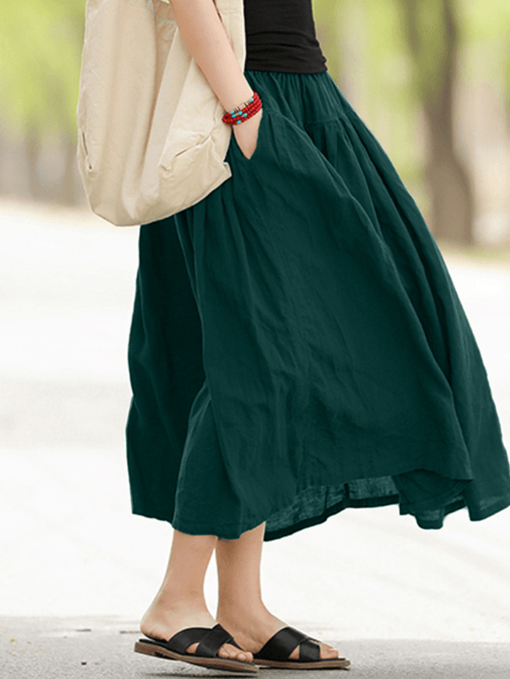 Casual Solid Elastic Waist Pleated Spliced Cotton Skirt for Women