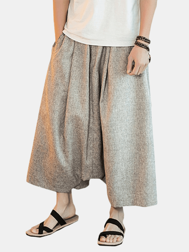 Chinese Style Casual Breathable Wide Leg Pants Fashion Men'S Large Size Calf-Length Pants