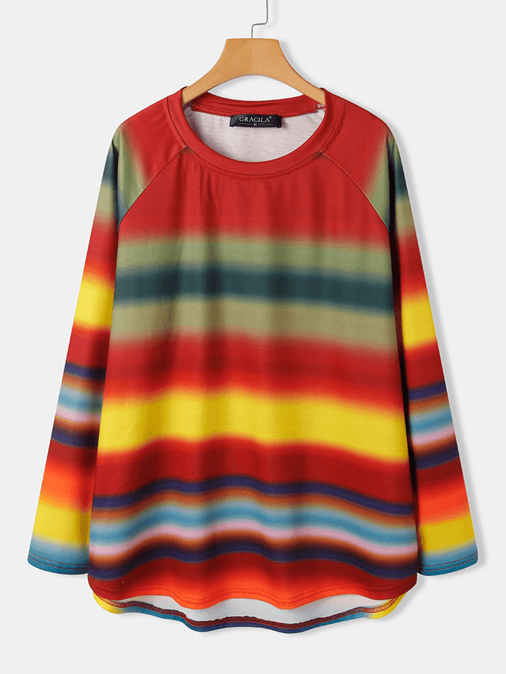 Women Multi Color Ombre Striped O-Neck Raglan Sleeve Casual Sweatshirts