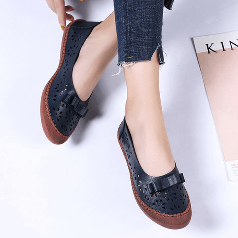 Women plus Size Genuine Leather Breathable Hollow Out Slip on Casual Flats Loafers