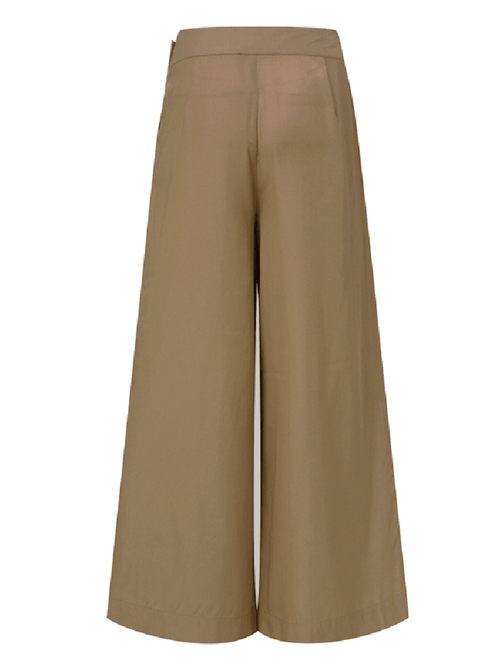 Women Solid Color Side Button Zipper Pocket Loose Casual Wide Leg Pants