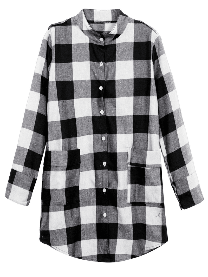 Women Casual Long Sleeve Plaid Loose Pocket Button Long Blouses - MRSLM