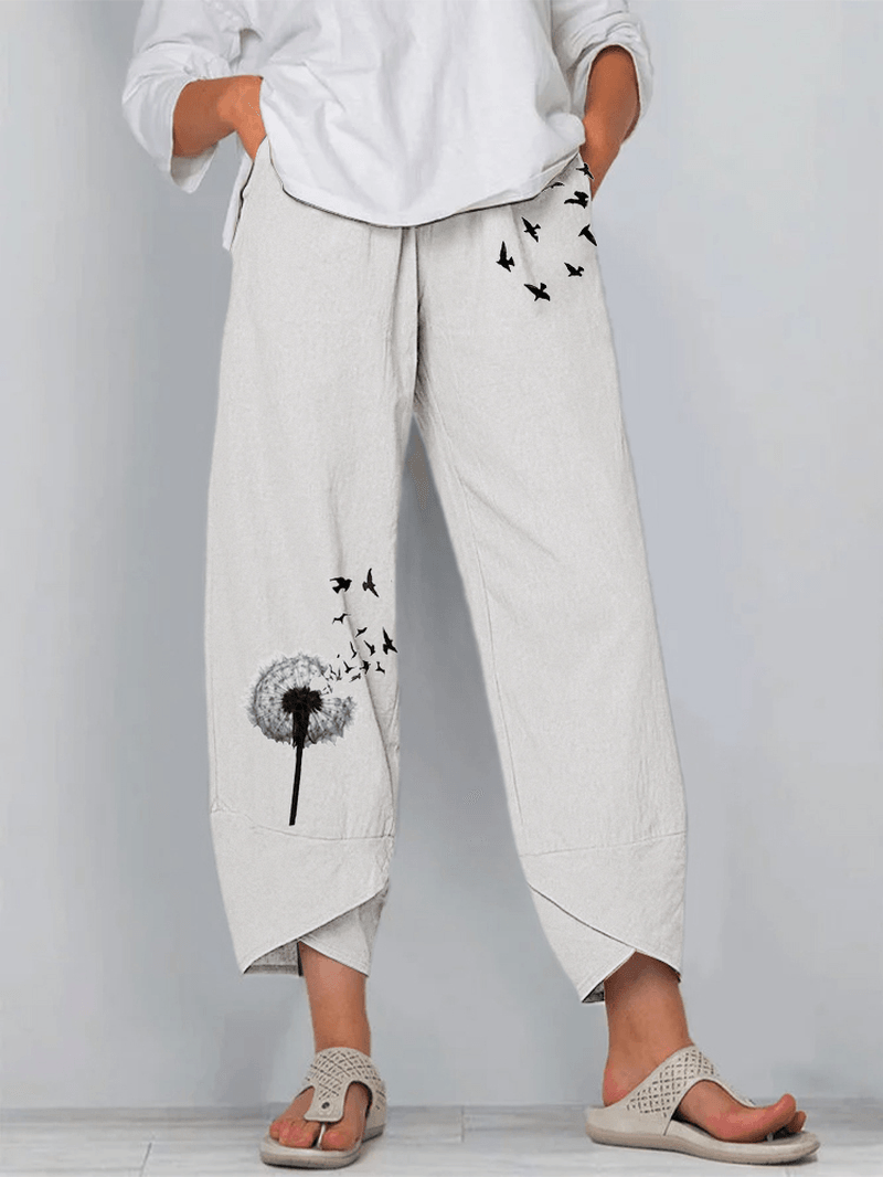 Butterfly Dandelions Flower Print Slit Hem Casual Pants with Pocket