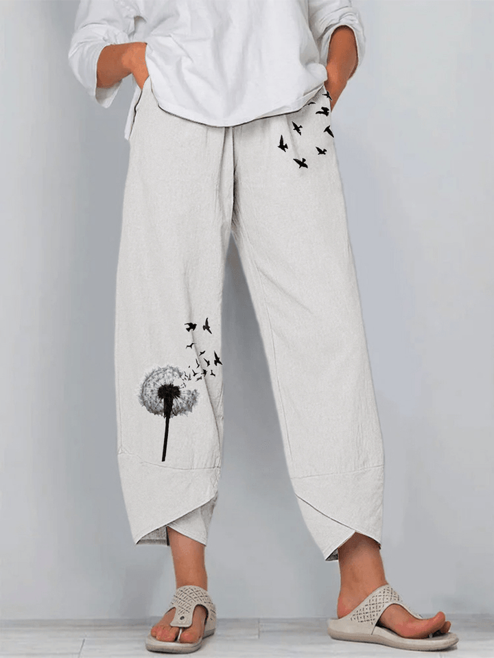 Butterfly Dandelions Flower Print Slit Hem Casual Pants with Pocket