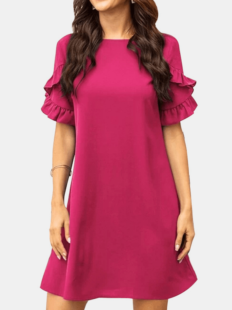 Solid Causal V-Neck Short Ruffled Sleeve Dress for Women