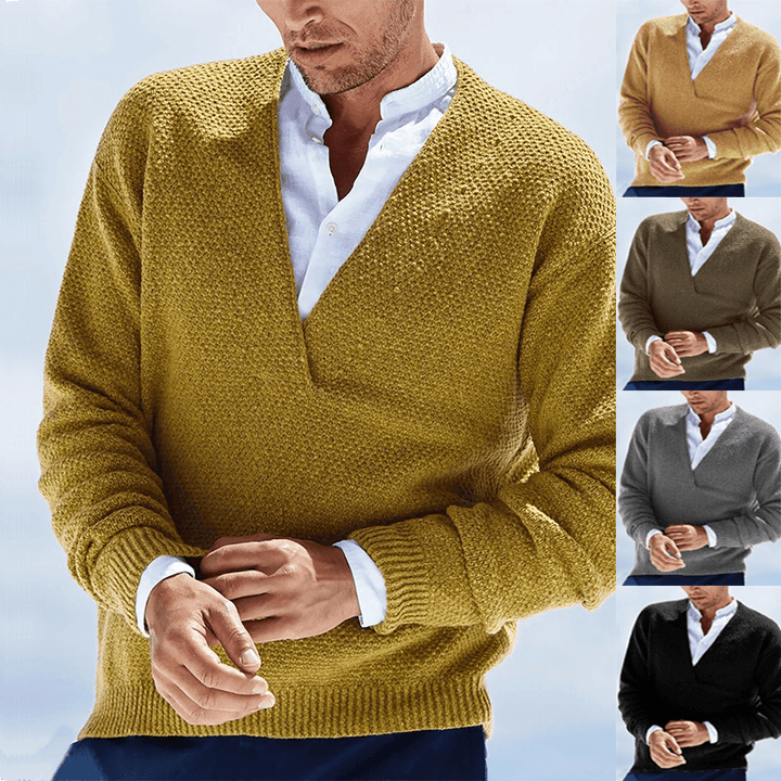 Solid Color Long-Sleeved V-Neck Knitted Men'S Sweater