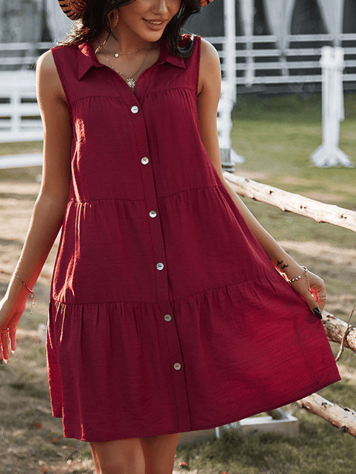 Solid Color Lapel Sleeveless Button Loose Casual Dress for Women - MRSLM