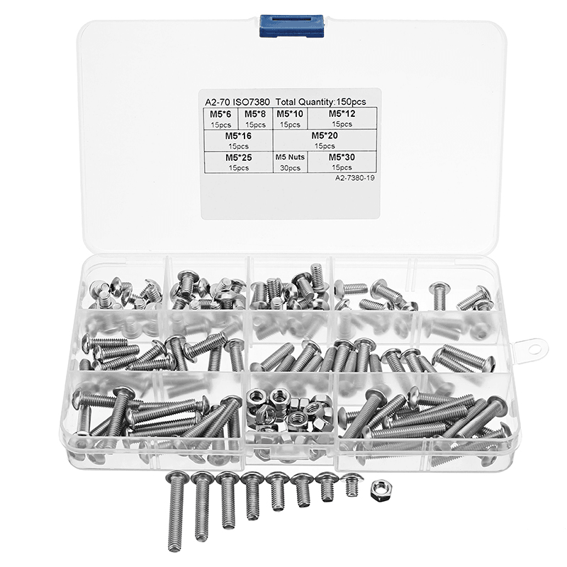 Suleve‚Ñ¢ M5SH2 150Pcs M5 Stainless Steel 6-30Mm Hex Socket Button Head Screw Allen Bolt Assortment Kit