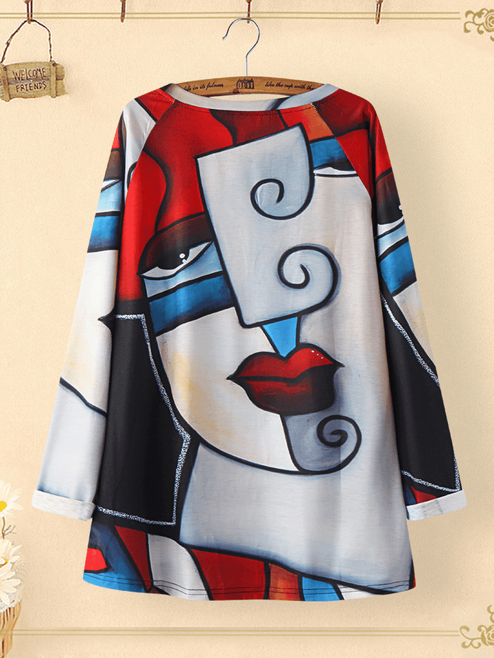 Women Vintage Abstract Figure Printed O-Neck Irregular Hem Long Sleeve Blouse