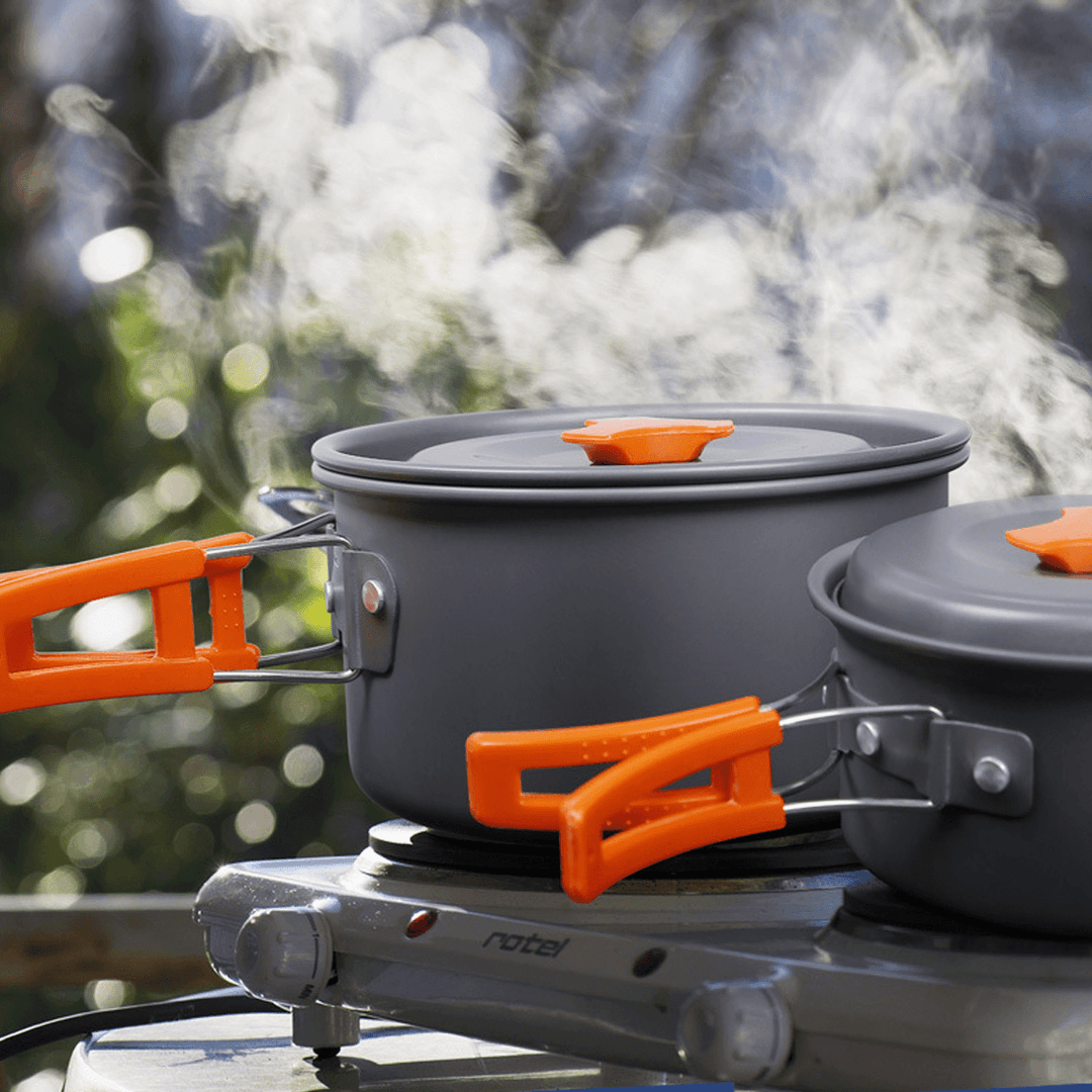 Outdoor Camping Hiking Cookware Tableware Picnic Cooking Pan Fry Pan Kettle Teapot Foldable Fork Spoon Kit Camping Picnic Tools