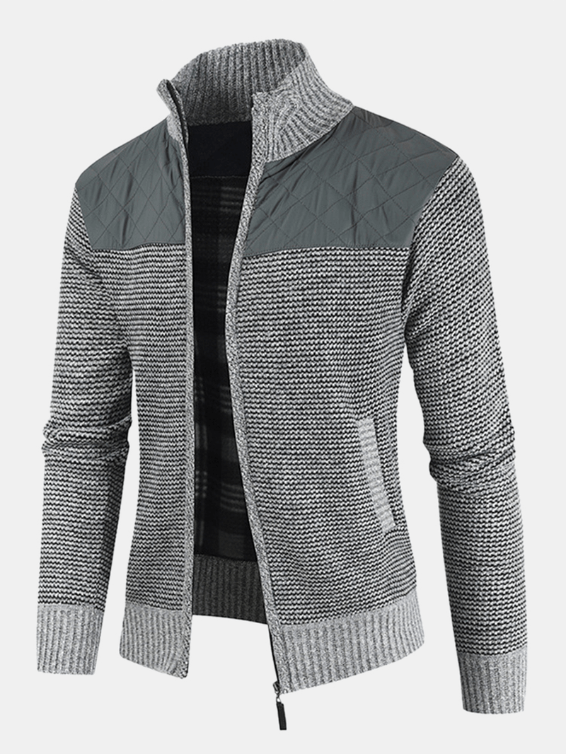 Mens Patchwork Zip Front Stand Collar Knit Casual Cardigans with Pocket