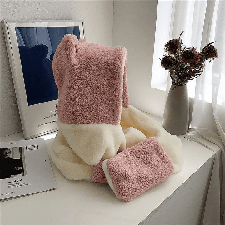 Cute Cat Ears Color Matching Plush Hooded Scarf