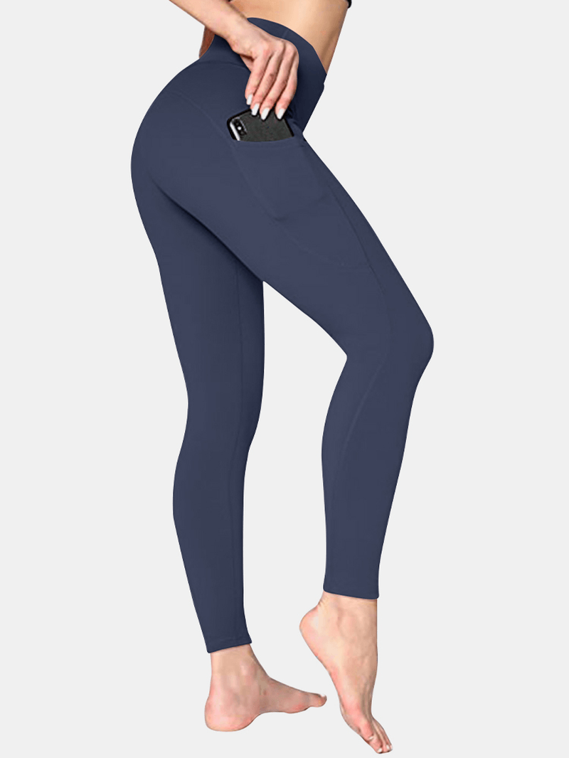 Women Solid Color Side Pocket Hip Lift Sport Yoga Legging