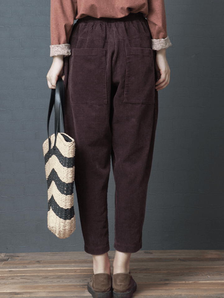 Women Elastic Waist Pocket Corduroy Pants