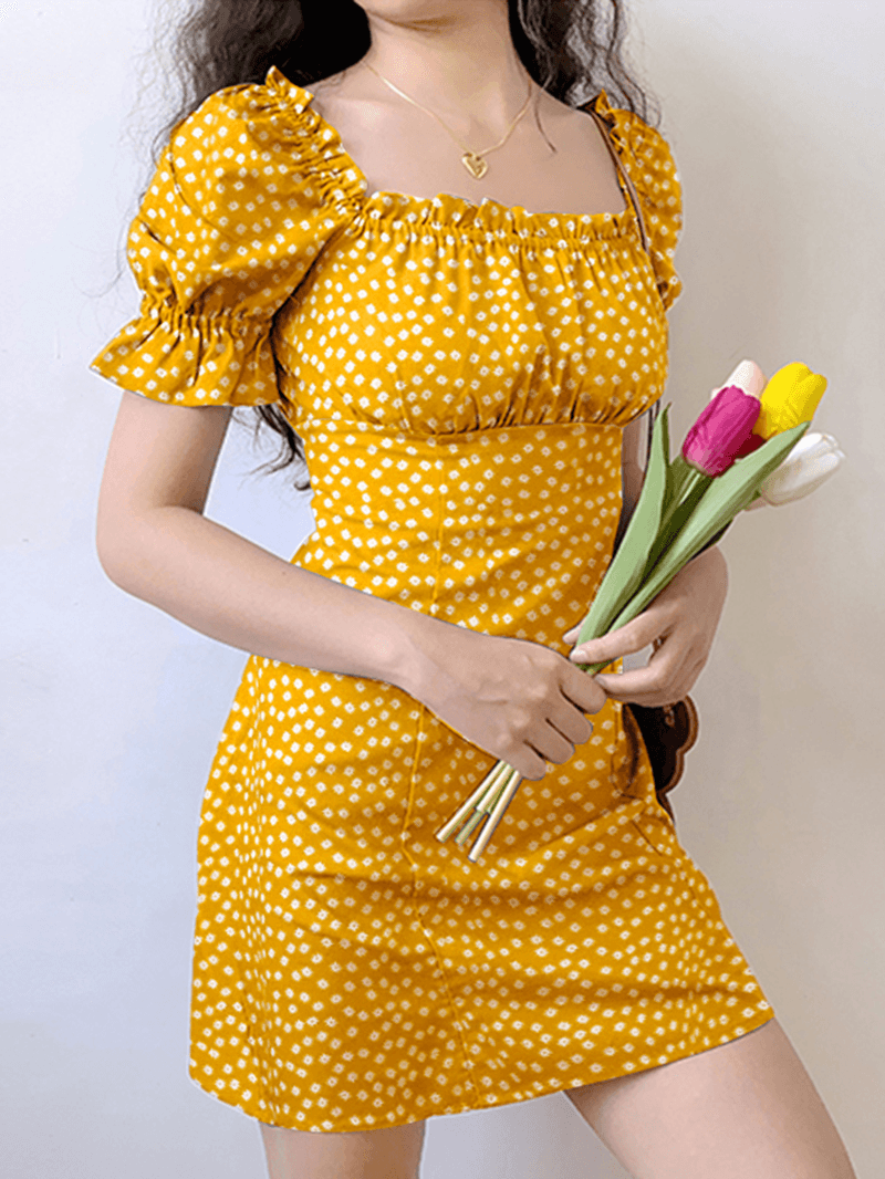 Floral Print Square Collar Pleating Short Sleeve Mini Dress