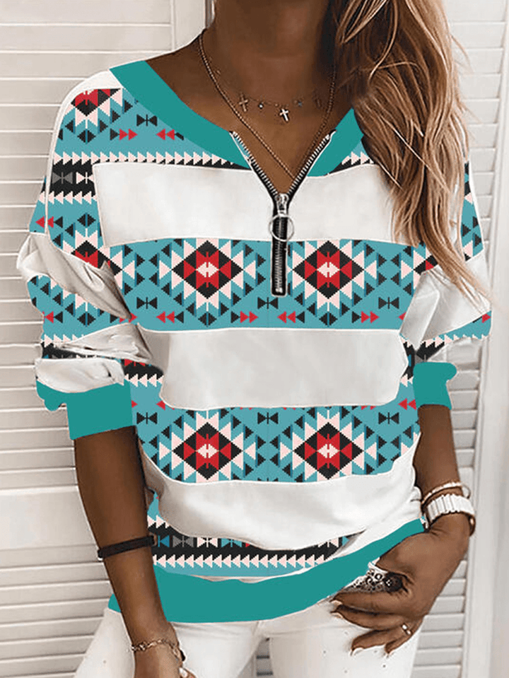 Women Geometry Print Half Zipper Front Pullover Ethnic Style Sweatshirt