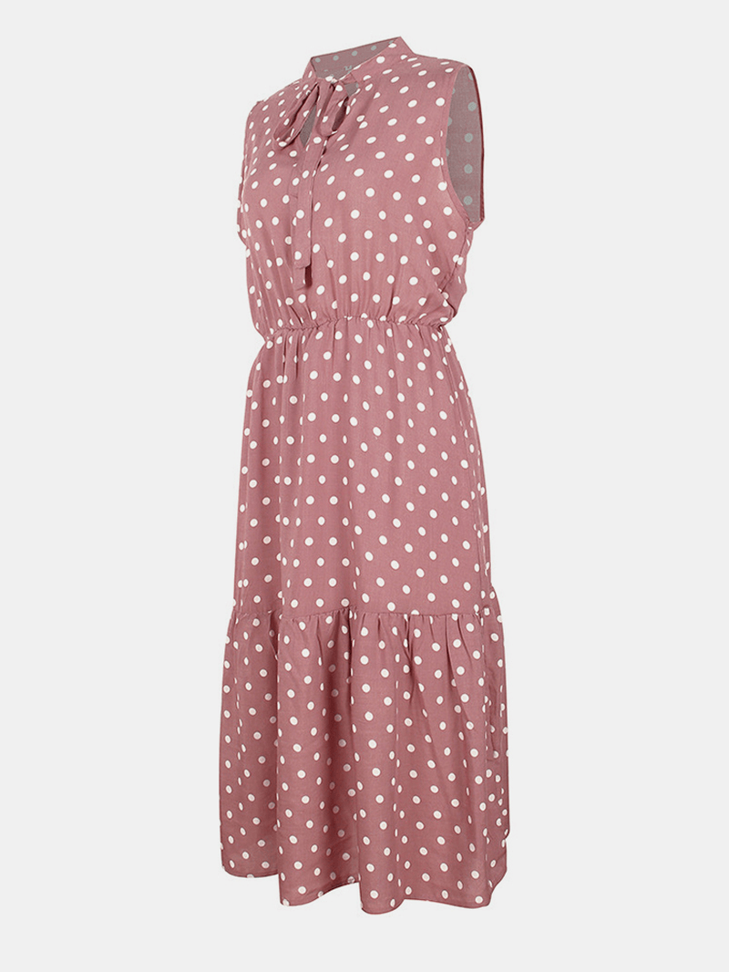 Polka Dot Print V-Neck Sleeveless Knotted Pleated Dress for Women