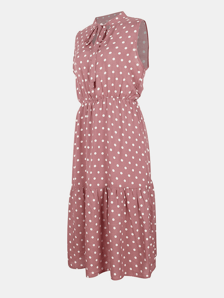 Polka Dot Print V-Neck Sleeveless Knotted Pleated Dress for Women