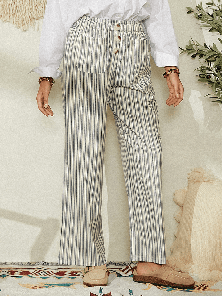 Women Classic Striped Print Elasitc Waist Button Detail Casual Pants with Pockets