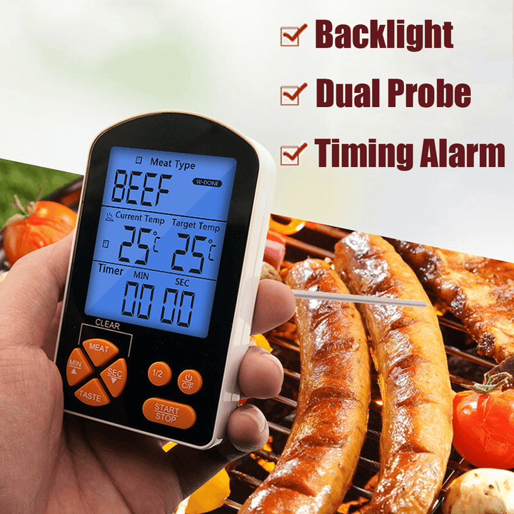 Outdoor BBQ Cooking Digital LCD Remote Thermometer with Built-In Timer Alarm AAA Battery