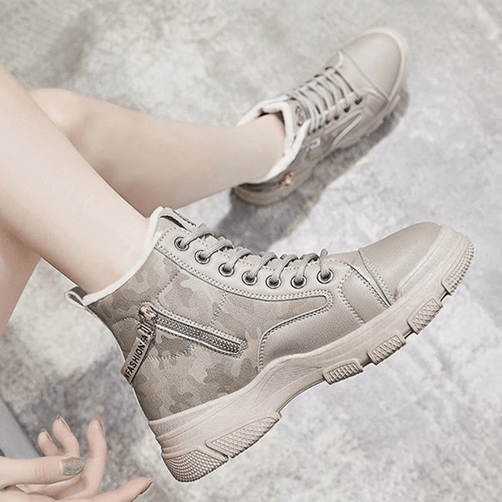 Women Casual Letter Pattern Lace up Zippers Warm Wearable Ankle Sports Court Sneaker Shoes