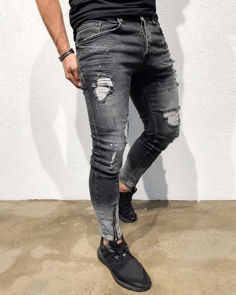 European and American New Fashion Ripped Youth Jeans with Zipper - Elastic Feet