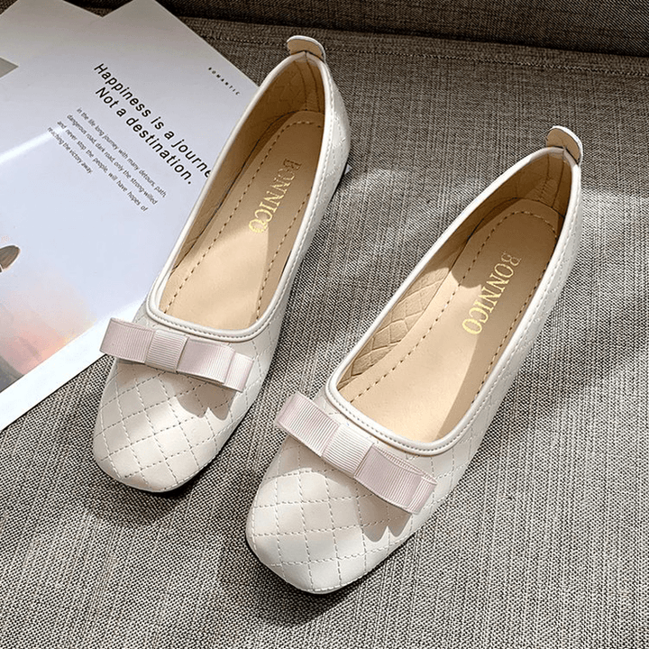 Women Bow Decor Comfy Square Toe Soft Sole Casual Slip on Loafers