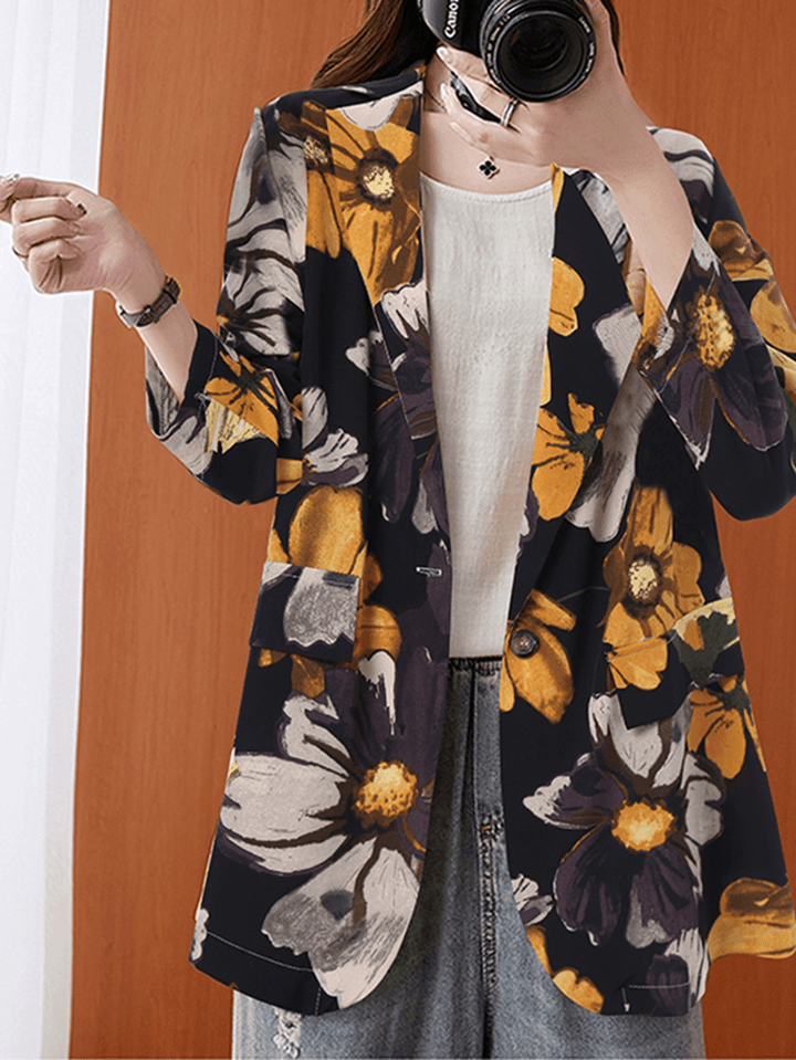 Women Full Sleeve Lapel Floral Bohemian Leisure Retro Thin Suit