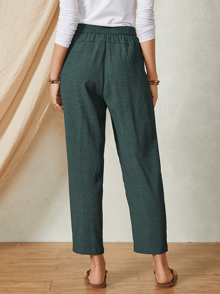 Pure Color Elastic Waist Button Pocket Harem Pants Women Casual Bottoms