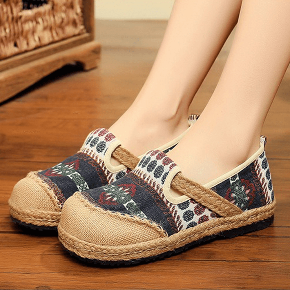 Women Linen Straw Pattern Casual Slip on Espadrille Flat Loafers