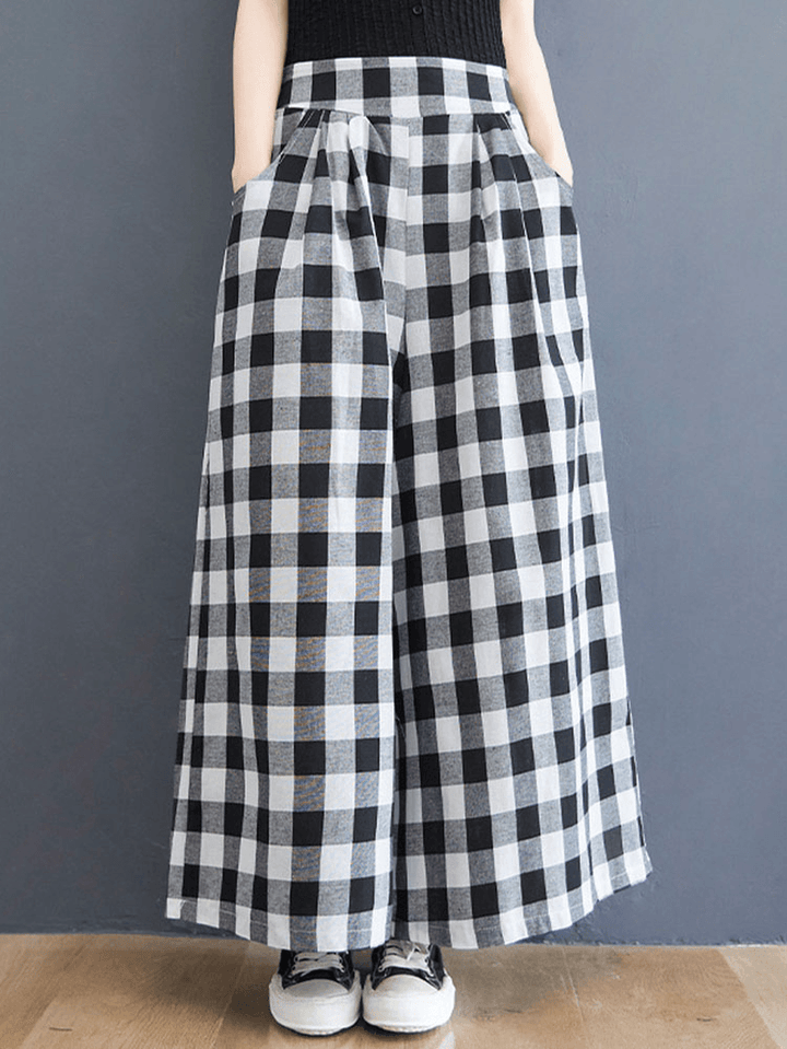 Women Plaid Wide-Legged Side Pocket Elastic High Waist Ankle Length Palazzos Pants - MRSLM