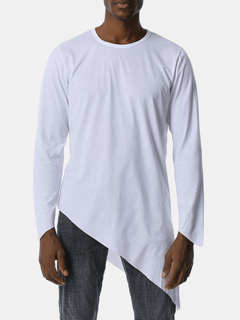 Mens Solid Color round Neck Long Sleeve Asymmetrical Hem Simple T-Shirts