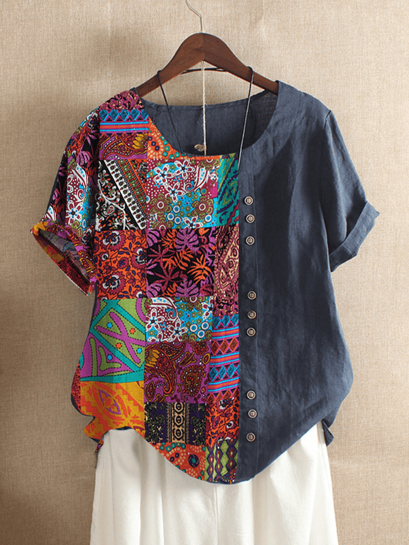 Women Folk Style Print Patchwork Short Sleeve T-Shirts