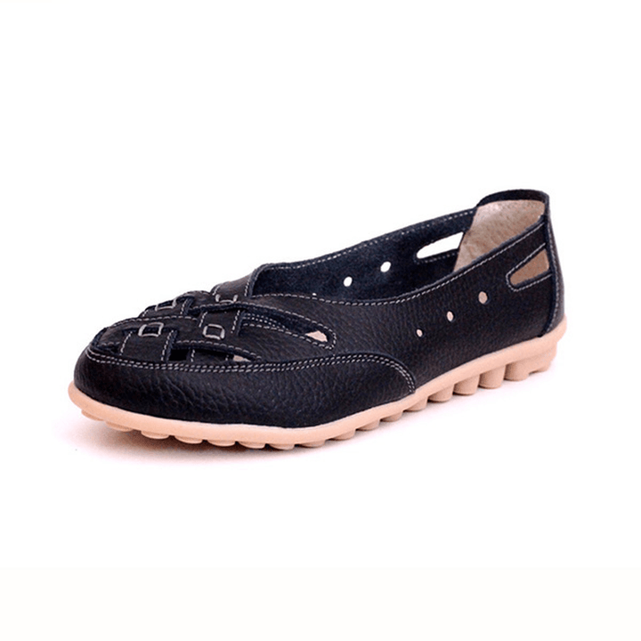 Women Summer Flat Casual Outdoor Hollow Out Leather Soft Comfortable Flat Loafers Shoes