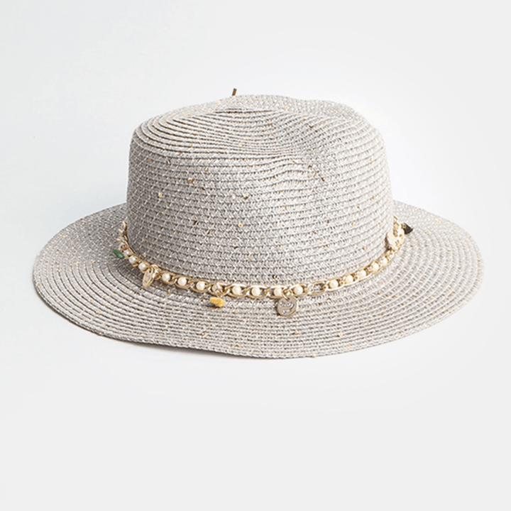 Women Sunscreen Summer Outdoor Casual Pearl Decoration Sun Hat Straw Hat